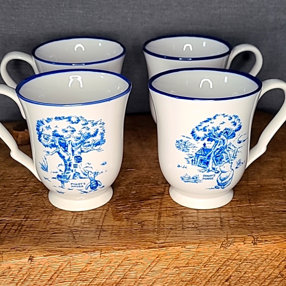 the Pooh Blue Toile Dinnerware Cups 4 Pcs Stoneware Handle Mug